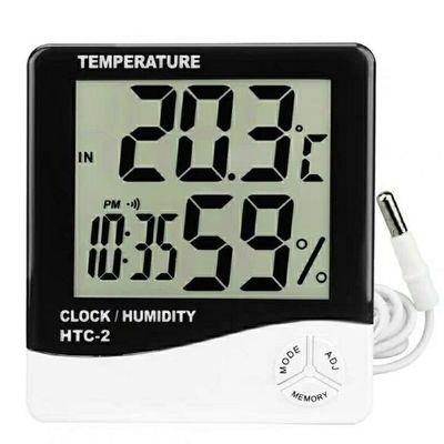 HTC-2 LCD الحرارة الرقمية الحرارة الحرارة الحرارة المحطة الجوية الحرارة اللاسلكية المختبر الرطوبة الداخلية الخارجية ساعة المسبار المزود