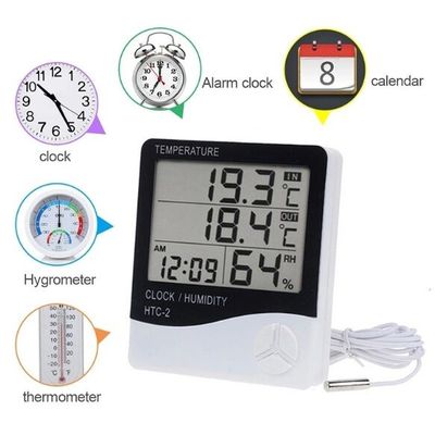 HTC-2 LCD الحرارة الرقمية الحرارة الحرارة الحرارة المحطة الجوية الحرارة اللاسلكية المختبر الرطوبة الداخلية الخارجية ساعة المسبار المزود