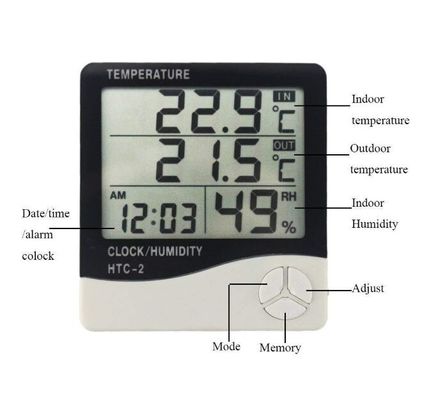 HTC-2 LCD الحرارة الرقمية الحرارة الحرارة الحرارة المحطة الجوية الحرارة اللاسلكية المختبر الرطوبة الداخلية الخارجية ساعة المسبار المزود