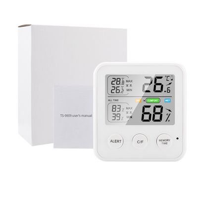 TS-9909 مقياس درجة الحرارة الرقمي LCD مقياس الرطوبة الإلكترونية الداخلية مقياس الحرارة الإلكترونية محطة الطقس المزود