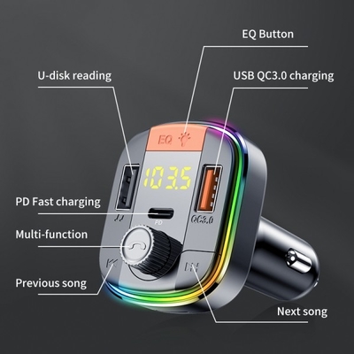 T832 جهاز إرسال FM أضواء LED الملونة مشغل Mp3 للسيارة PD/QC3.0 شاحن سريع للسيارة المزود