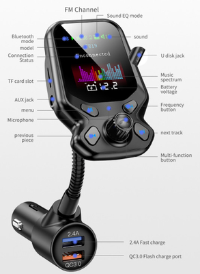 T819 شاشة ملونة سيارة شاحن الهاتف المحمول مشغل MP3 FM جهاز إرسال QC3.0 شاحن سيارة سيارة هاتف خال من اليدين المزود
