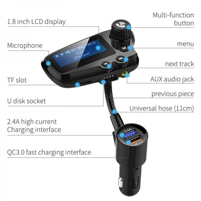 T91 السيارة اللاسلكية MP3 مشغل الموسيقى شاشة LCD السيارة اليدين الحرة الهاتف إف إم جهاز إرسال QC3.0 شحن سريع المزود