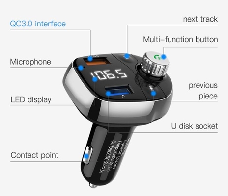 T62 QC3.0 الشحن السريع مصباح سيجارة السيارة مغلق MP3 Player شاحن ذكي متعدد الوظائف المزود